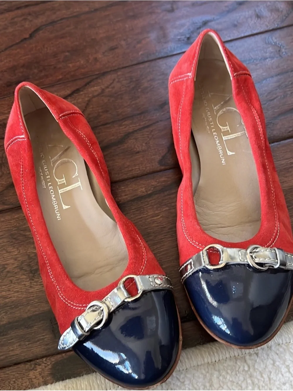 AGL Red Suede Flats with Navy Patent Cap-Toe and Silver Accent.